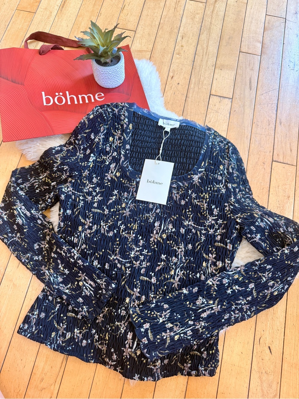 NWT Bohme Women's black Floral Long-Sleeve Smocked Top